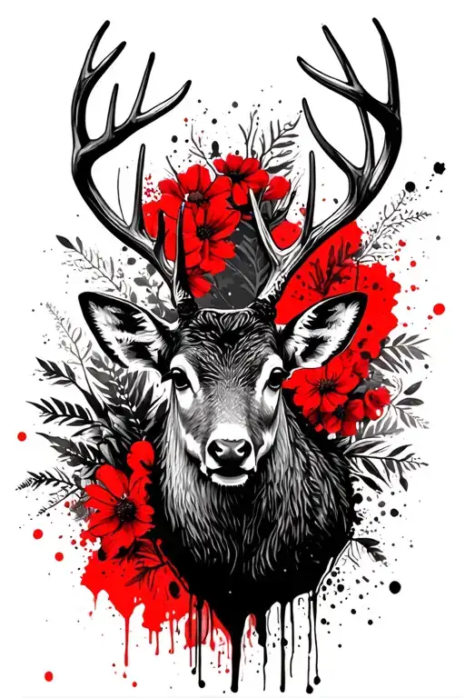 deer head, wildflowers in the background black and white tattoo design idea