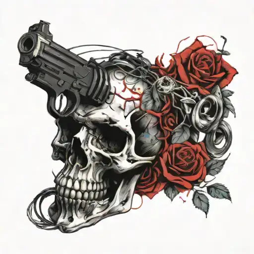 Skull, roses, vines, gun. red and black tattoo design idea