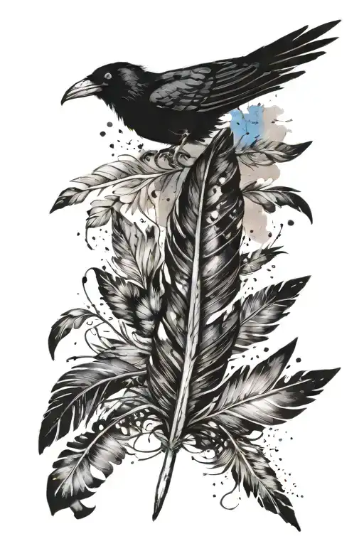 black crow feather pen that will go down my spine, at the bottom it spells the names Anna & Leo. Watercolor splatters tattoo design idea