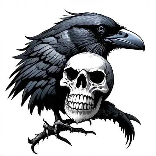 Crow with skull for head tattoo design idea