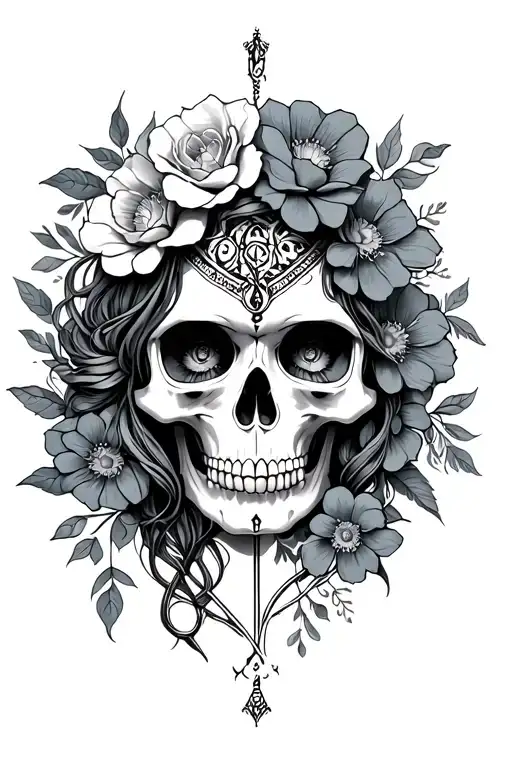 feminine, skulls, flowers, virgo symbol intertwined tattoo design idea