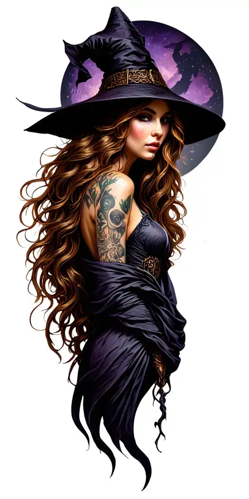 Full sleeve tattoo design featuring a sensual and feminine witch with long flowing hair and delicate features, no third  tattoo design idea