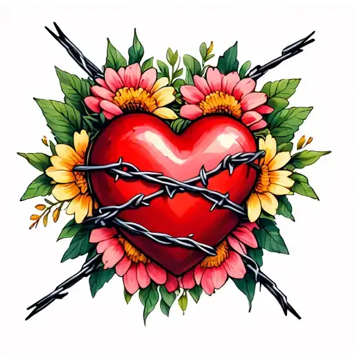 heart surrounded by flowers and crossed with barbed wire tattoo design idea