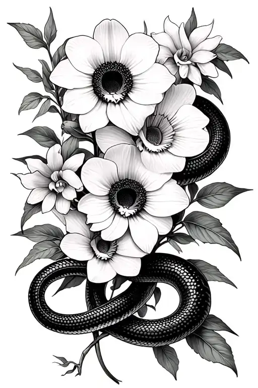A branch of flowers that have only one orchide, a sunflower and a lirio. I also want a black mamba snake to PR tattoo design idea