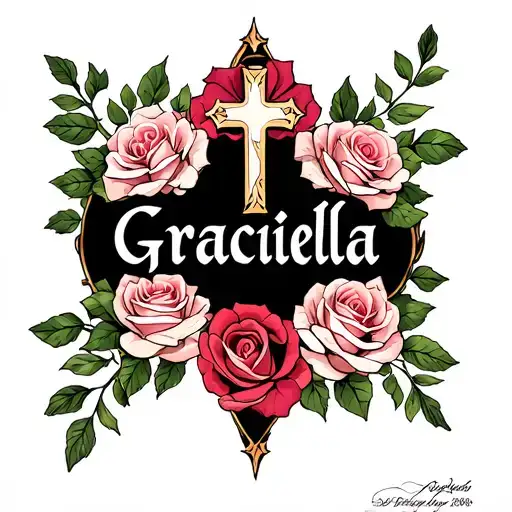 "Graciela" beautiful font of the name Graciela surrounded with roses and a cross tattoo design idea