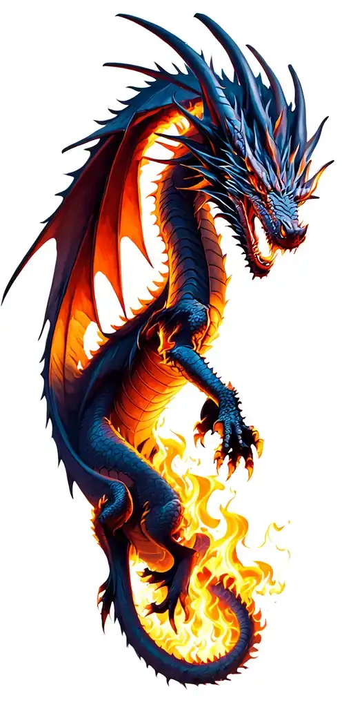 dragon flying downwards towards the ground breahing flames tattoo design idea