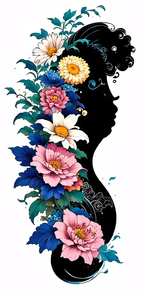 violet, daisy, lilys, chrysanthemum wrapped around japanese waves tattoo design idea