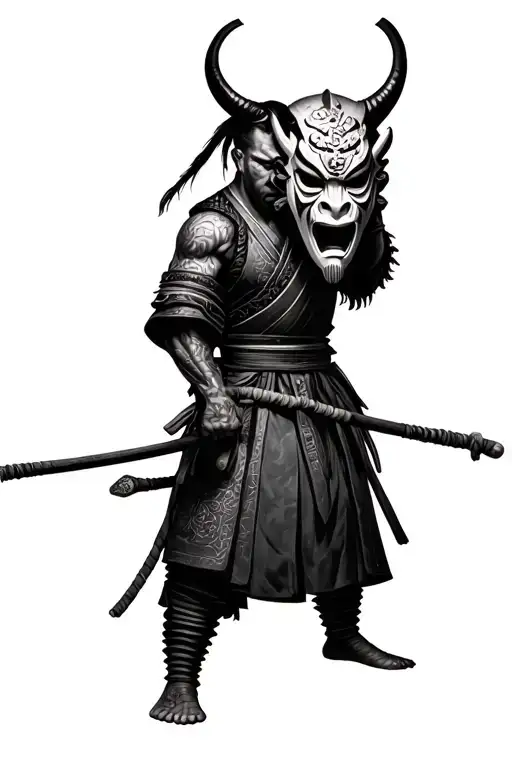 photo realistic ronin samurai holding an oni mask with head bowed tattoo design idea