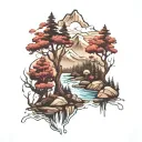 mountains river trees   tattoo design idea