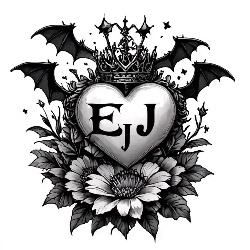 the word EJ and a heart and bats surround by queen of night flower tattoo design idea