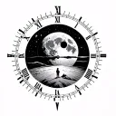 moon or a planet inside a time dial, words let it be, beach, mountain, lost  man standing, less black ink minimal tattoo tattoo design idea