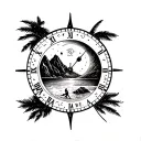 moon or a planet inside a time dial, words let it be, beach, mountain, lost  man standing, less black ink minimal tattoo tattoo design idea