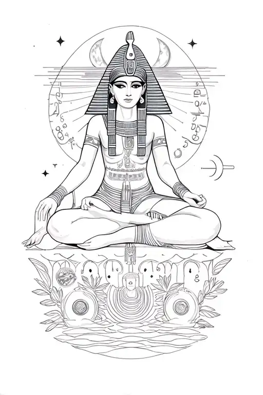 Realistic Isis divinity, with aquarium symbols and lunar phases, Egyptian Realistic tattoo design idea