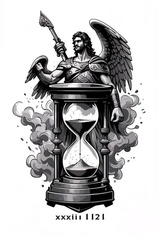 a gladiator surrounded by smoke, an angel of victory, the Roman numerals xxxiii, and a cracked hourglass with sand  tattoo design idea