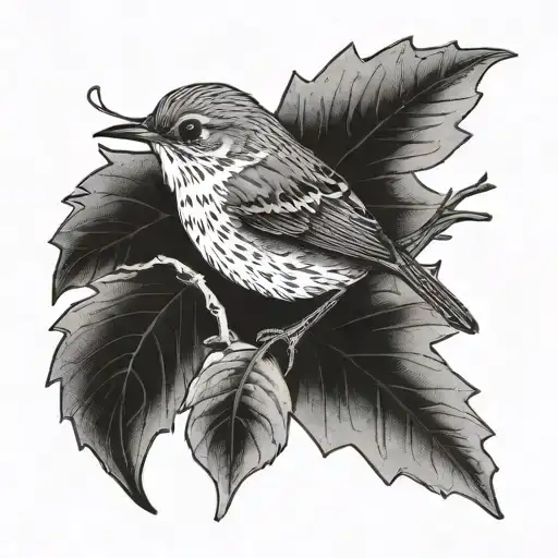 wren bird sitting on small oak leaf branch tattoo design idea