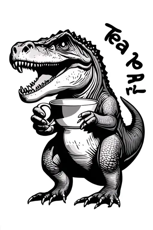 T rex holding teacup with the caption "Tea rex" simple hand drawn design with few lines and no shading tattoo design idea