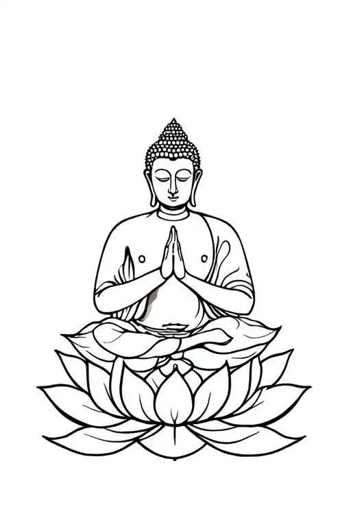 Fineline Buddha with praying hands sitting on a lotus flower tattoo design idea