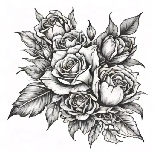 rose, tulip, daisy bouquet tattoo design idea