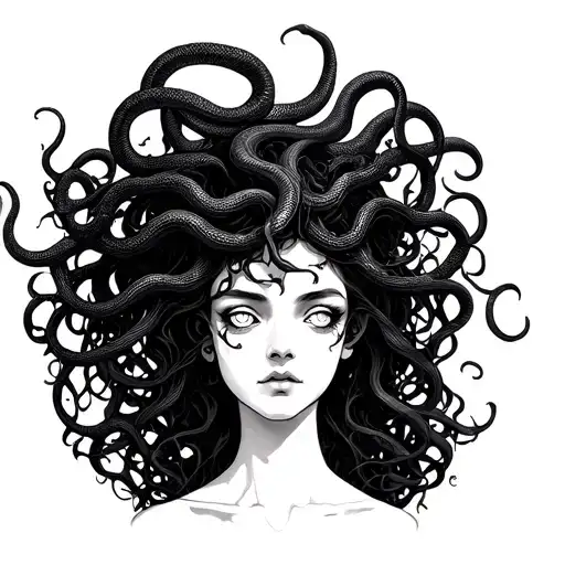 Fineline Medusa with white eyes. Not all her hair should be snakes there should be some normal hair . Behind the Medusa  tattoo design idea