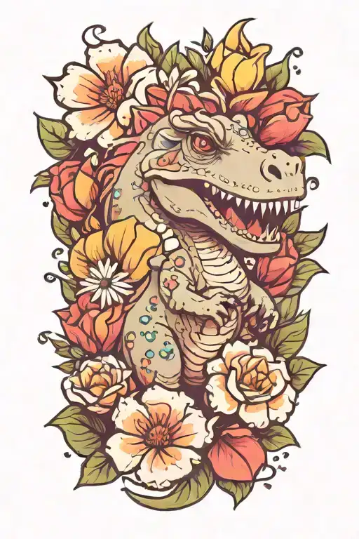 mother Dino baby Dino flowers tattoo design idea
