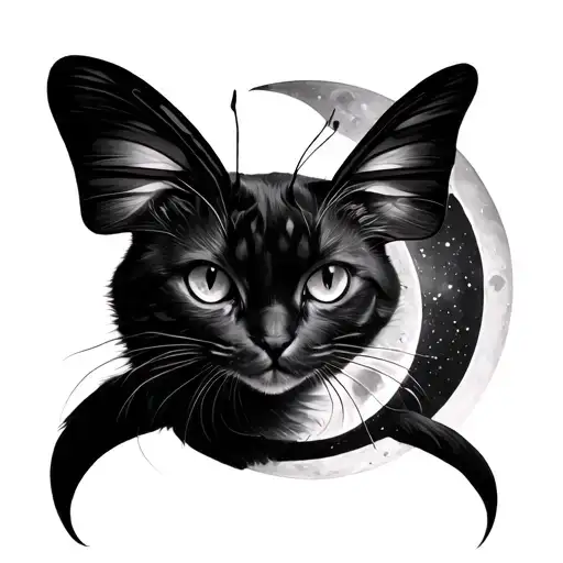 Cat, moon, butterfly tattoo design idea