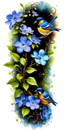 colored forget me not flowers with vine wrapping. 2–3 small perched birds along vines with suble watercolor swirl behind tattoo design idea