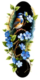 colored forget me not flowers with vine wrapping. 2–3 small perched birds along vines with suble watercolor swirl behind tattoo design idea