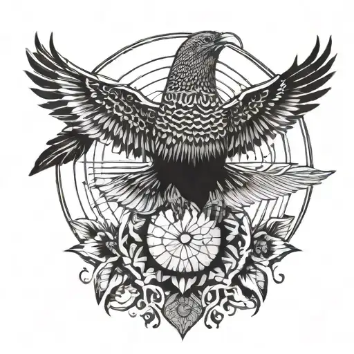 small kurdish tattoo feturing a sun and a chukar patridge with open wings tattoo design idea