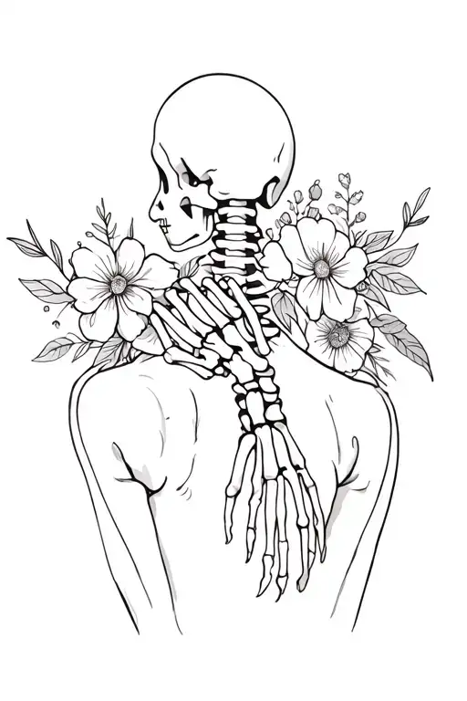 skeleton arm on the spine. hand around the back of the neck and flowers around tattoo design idea
