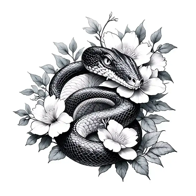 snake, flowers, and japanese tattoo design idea