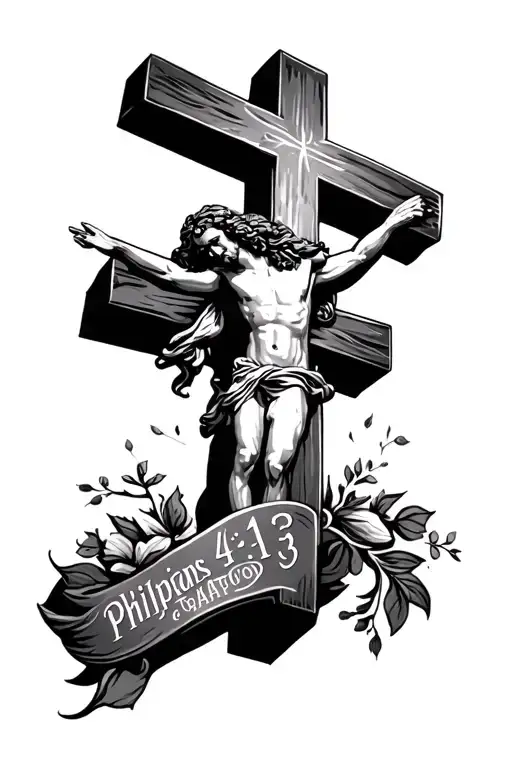 jesus, cross 3x, philippians 4:13 written tattoo design idea