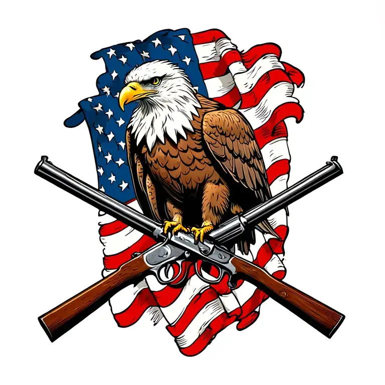 Bald Eagle perched on 2 old muskets crossed like an X with an American flag waving in the background. tattoo design idea
