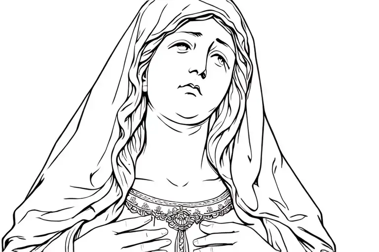 realistic virgin mary with robe covering head and is looking up crying tattoo design idea