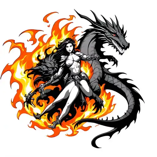 female warrior and a dragon on fire flames tattoo design idea