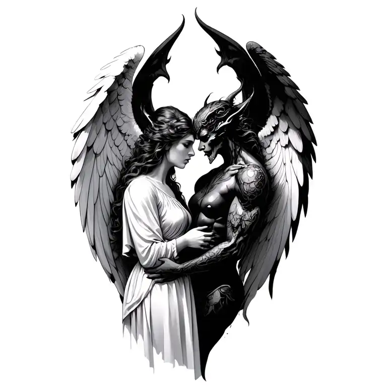 Angel and Demon forbidden love tattoo design idea