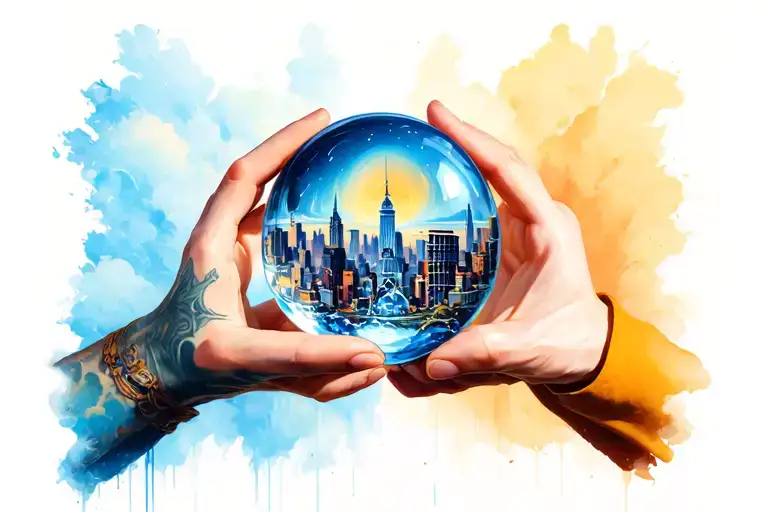 2 hands holding a crystal ball with a city inside tattoo design idea