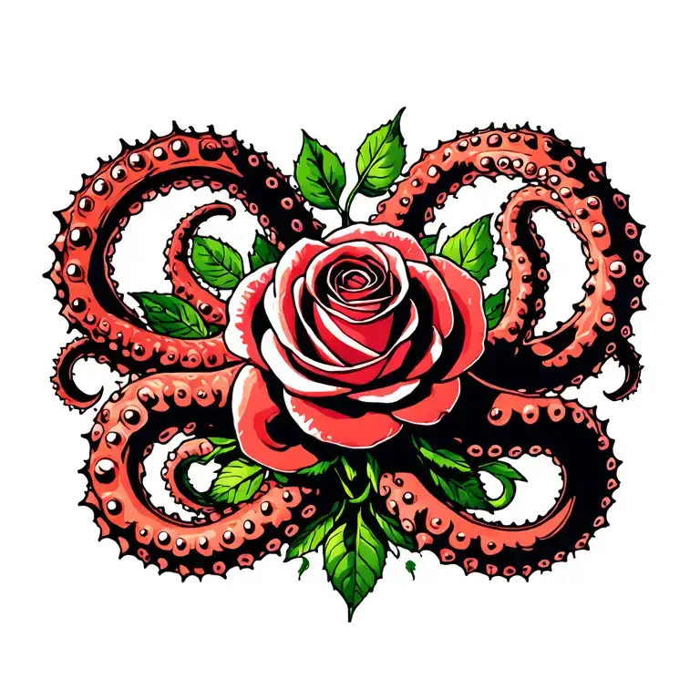 rose boquet with thorny vines that are octopus tentacles coming out in a circle all around  tattoo design idea