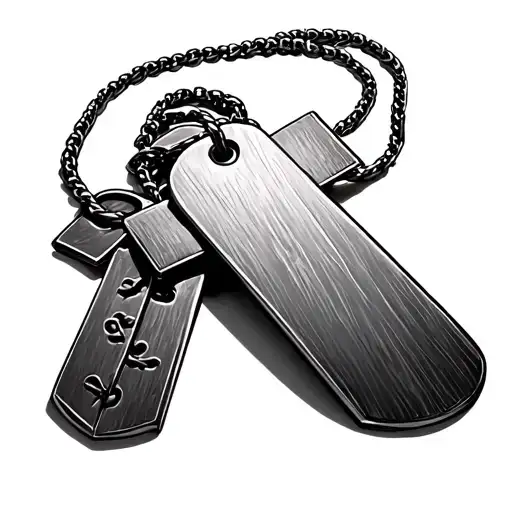cross with a dog tag necklace wrapped around it on a white back ground. four dog tags hang from it tattoo design idea