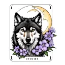 wolf on a tarot card with lilac flowers and a moon tattoo design idea