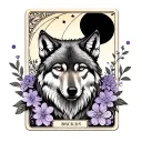 wolf on a tarot card with lilac flowers and a moon tattoo design idea