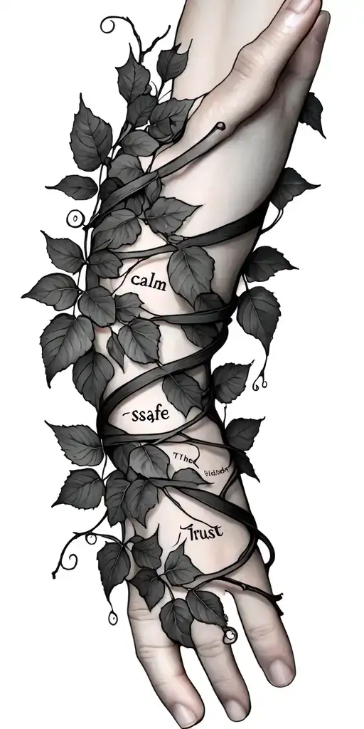 ivy vine wrapped around my arm, with the words "calm","safe","trust" hidden in the leaves and vines tattoo design idea