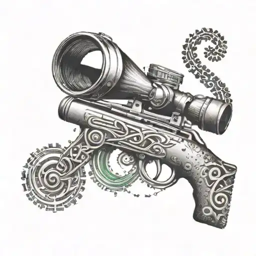 A dotwork tattoo of a sniper scope with a treble clef symbol incorporated into the design tattoo design idea