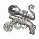 A dotwork tattoo of a sniper scope with a treble clef symbol incorporated into the design tattoo design idea