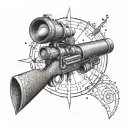 A dotwork tattoo of a sniper scope with a treble clef symbol incorporated into the design tattoo design idea