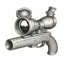 A dotwork tattoo of a sniper scope with a treble clef symbol incorporated into the design tattoo design idea