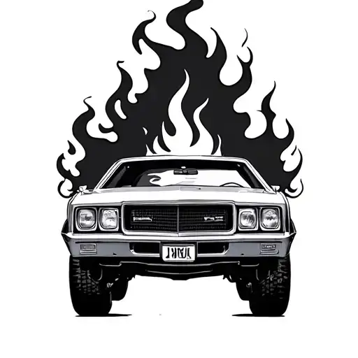 70s car on fire tattoo design idea