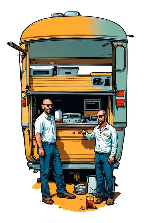 Walter white and Jesse pink man looking with behind the caravan where they used to cook tattoo design idea