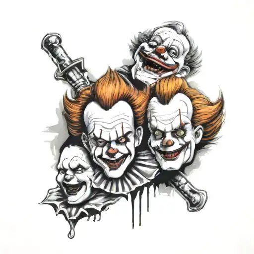 pennywise, chucky, terrifier, jigsaw collage tattoo design idea