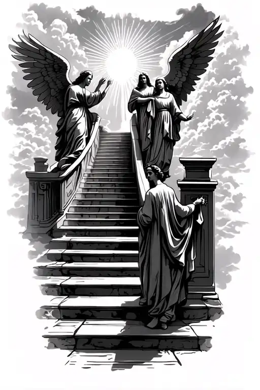 stairway to heaven walking up stairs angels sun rays clouds heaven gate at the top of the stairs  tattoo design idea