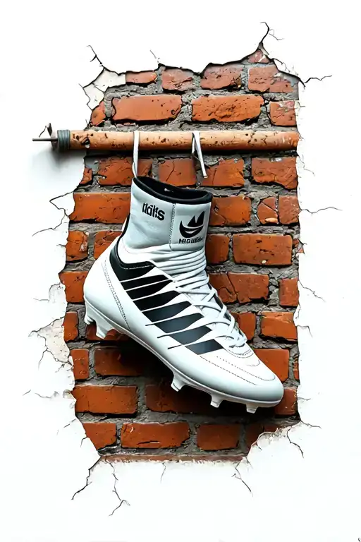 Football boots hanging on a nail against a cracked brick wall tattoo design idea